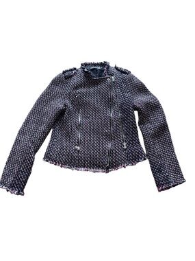 Black Tape Tweed Moto Jacket Fringe Trim Zip Up Multicolor XS